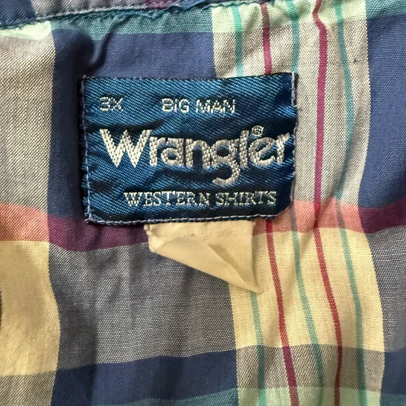Vintage Y2K Big Man Wrangler Pearl Snap Plaid Western Shirt Size 3X Blue - Picture 8 of 8